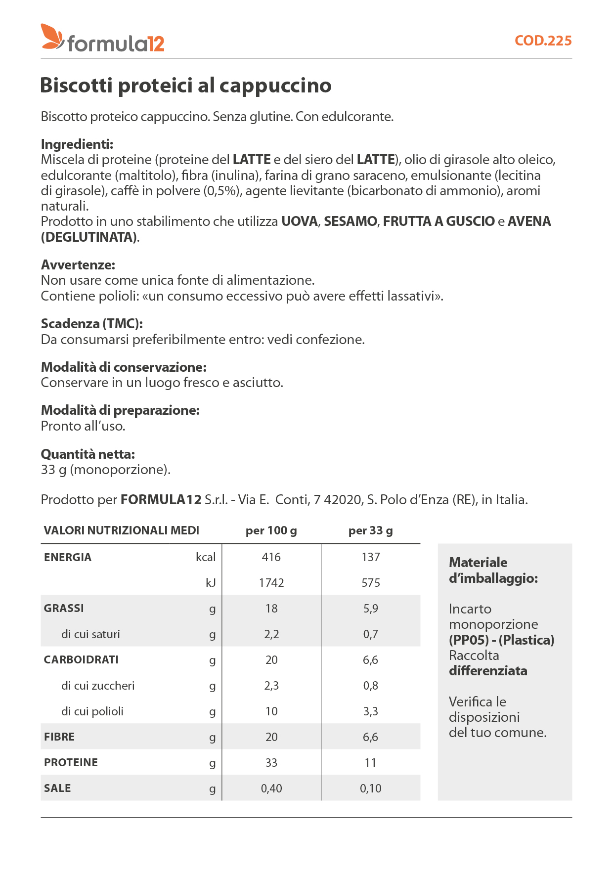225 Biscotti proteici al cappuccino
